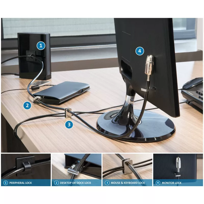Kensington kit de bloqueo para escritorio y periféricos 2.0, 2,44 m, Kensington, llave, acero al carbono, negro, plata
