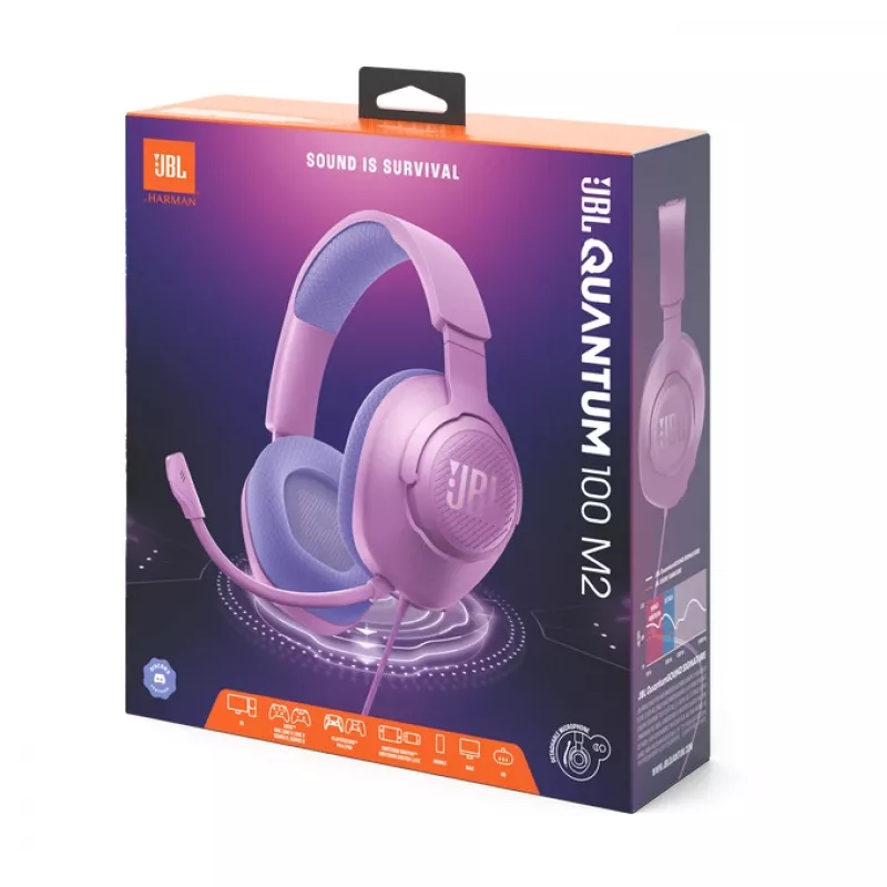 Headset gaming over-ear con cable JBL Quantum 100M2 — circumaural, 20–20000 Hz, cable de 1,2 m, violeta