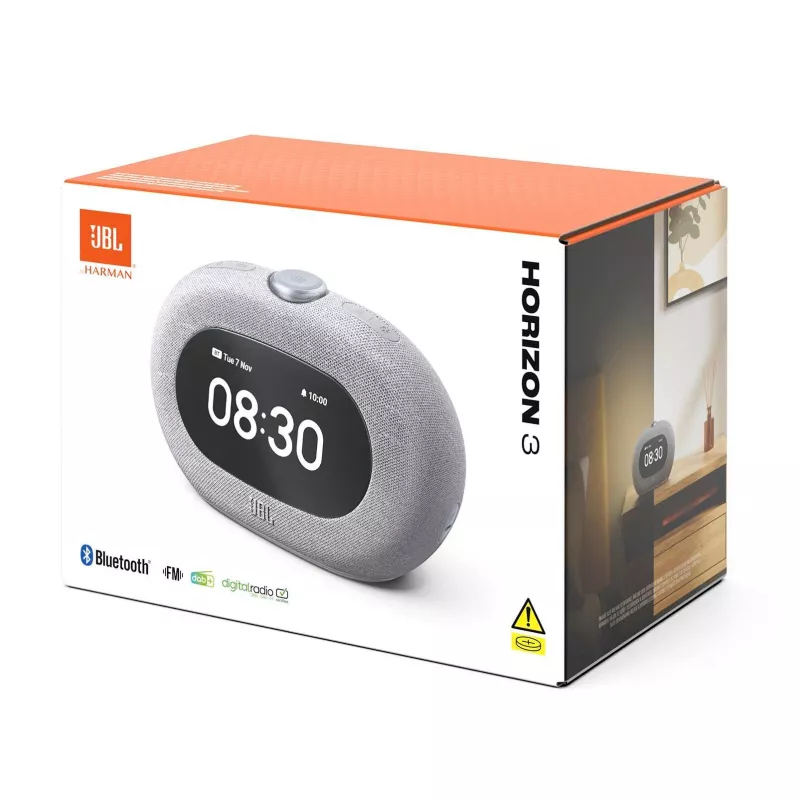 Radio reloj JBL Horizon-3 — DAB/DAB+/FM, 5 W RMS, pantalla LCD, 65–20000 Hz, volumen con dial giratorio, Gris