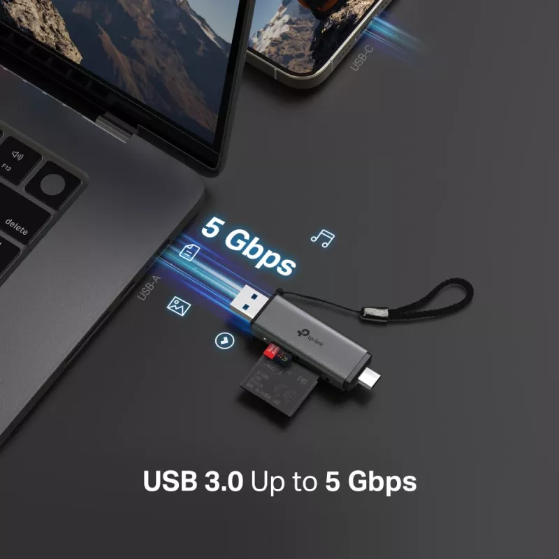 Lector de tarjetas TP‑LINK UA430D USB 3.1 — compatibilidad MicroSD/SD, 200 Mbit/s, negro, 75×22,9×9,3 mm