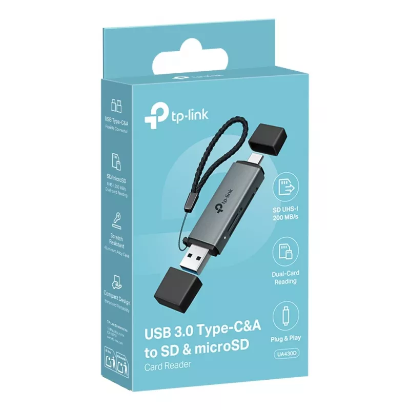 Lector de tarjetas TP‑LINK UA430D USB 3.1 — compatibilidad MicroSD/SD, 200 Mbit/s, negro, 75×22,9×9,3 mm