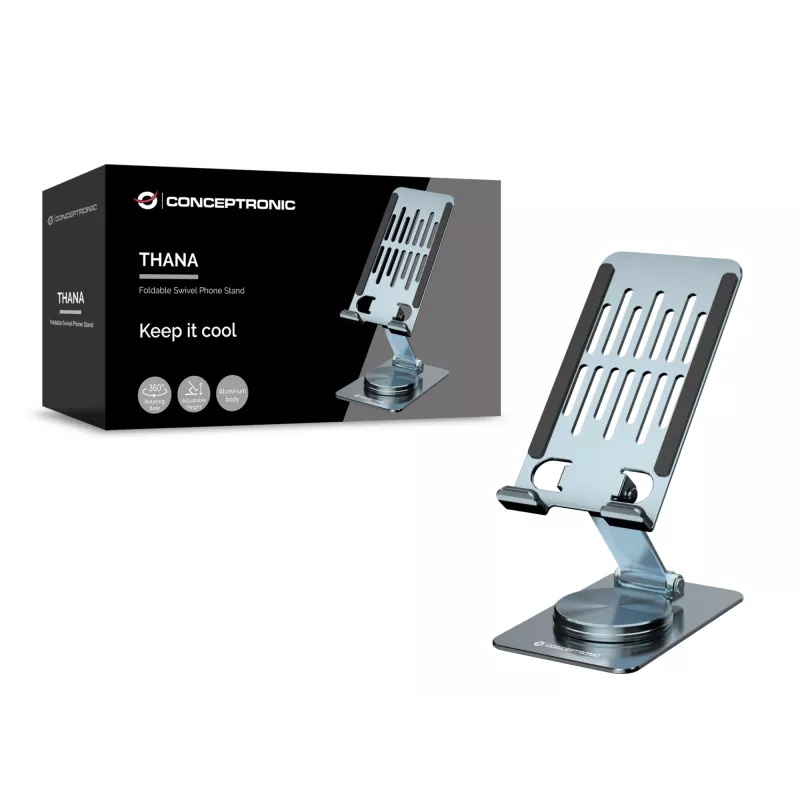 Soporte de teléfono plegable y orientable CONCEPTRONIC THANA08G, base giratoria 360°, altura ajustable, plata