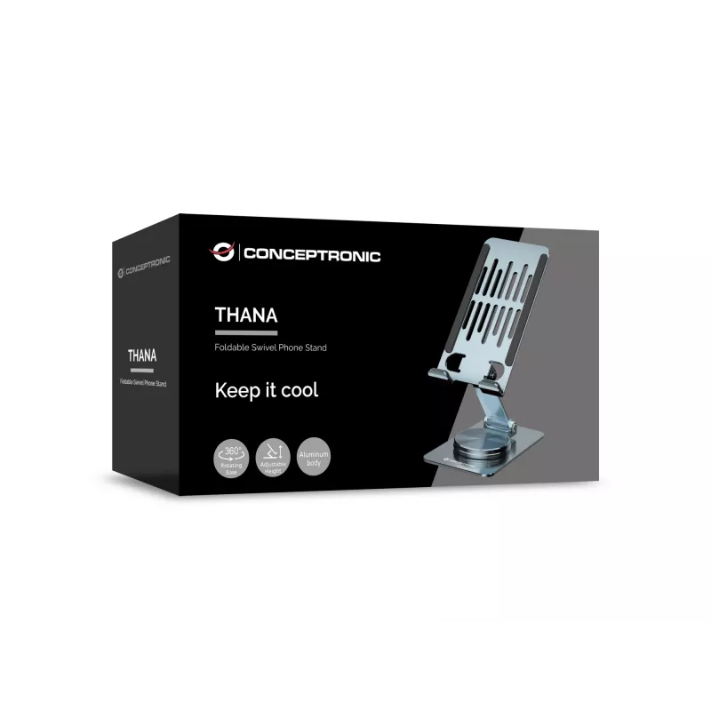 Soporte de teléfono plegable y orientable CONCEPTRONIC THANA08G, base giratoria 360°, altura ajustable, plata