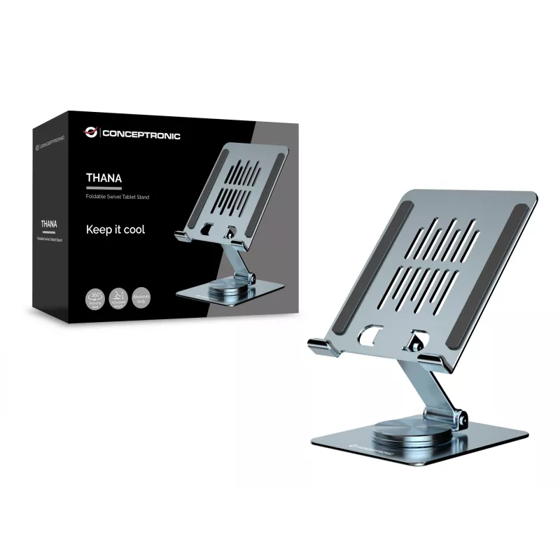 Soporte multimedia para tablet CONCEPTRONIC THANA09G — soporte plegable y orientable, base giratoria 360°, altura ajustable, gris, 150×110×40 mm