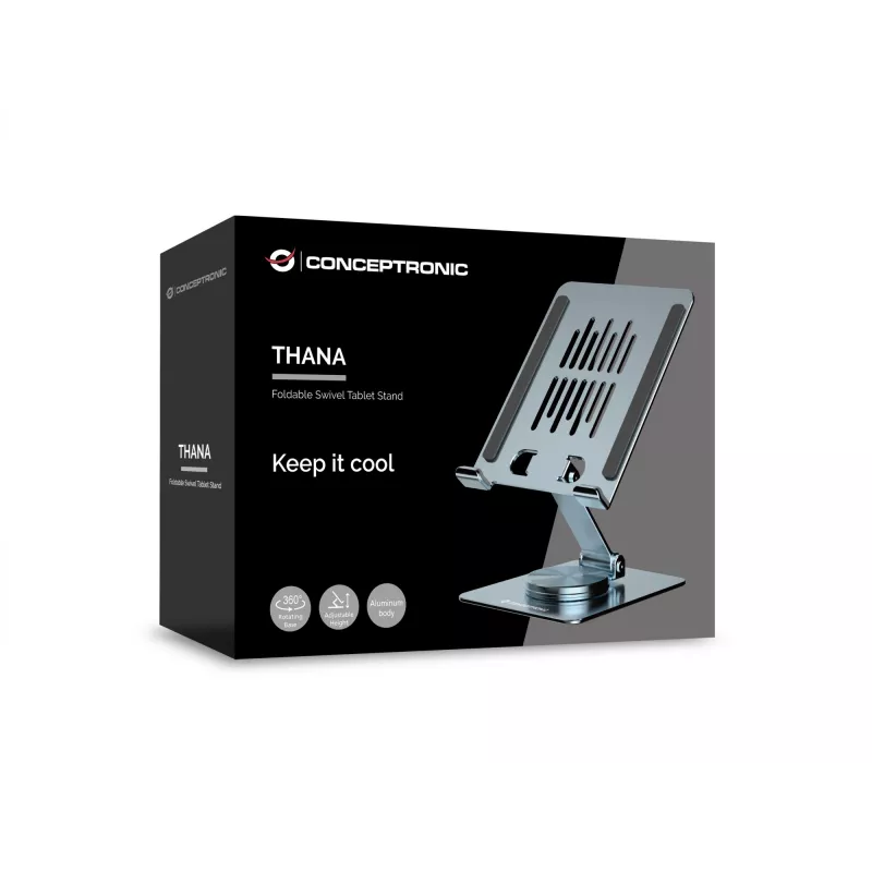 Soporte multimedia para tablet CONCEPTRONIC THANA09G — soporte plegable y orientable, base giratoria 360°, altura ajustable, gris, 150×110×40 mm