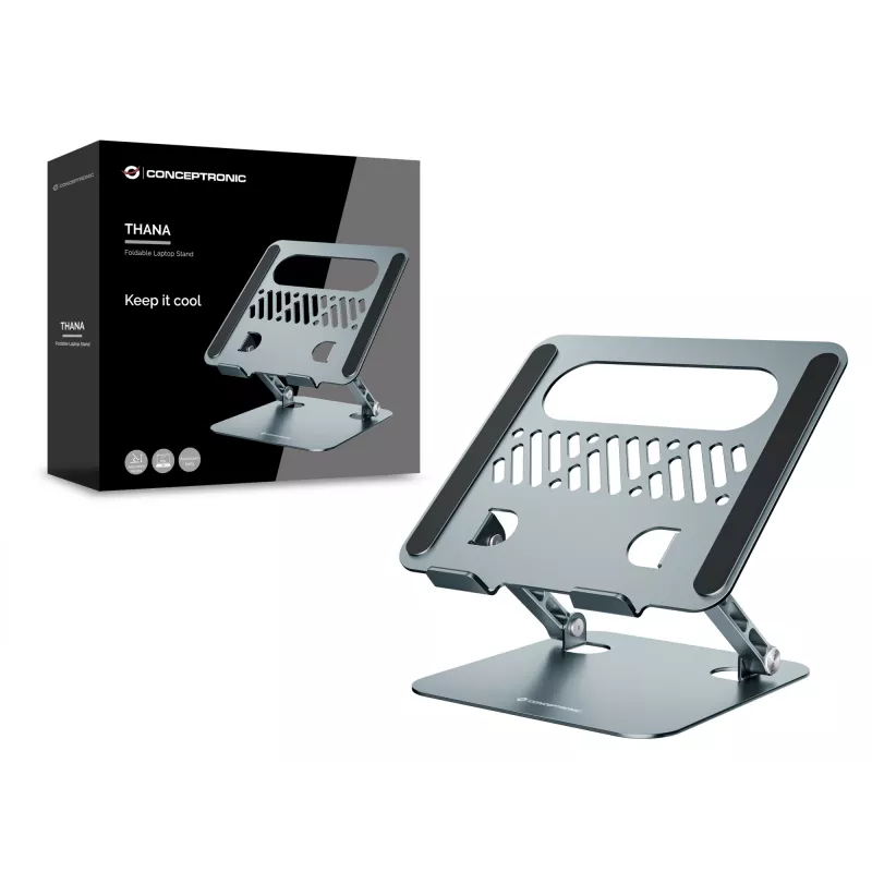 Soporte para portátil CONCEPTRONIC THANA10G — plegable de aluminio, altura ajustable, gris, 240×220×50 mm