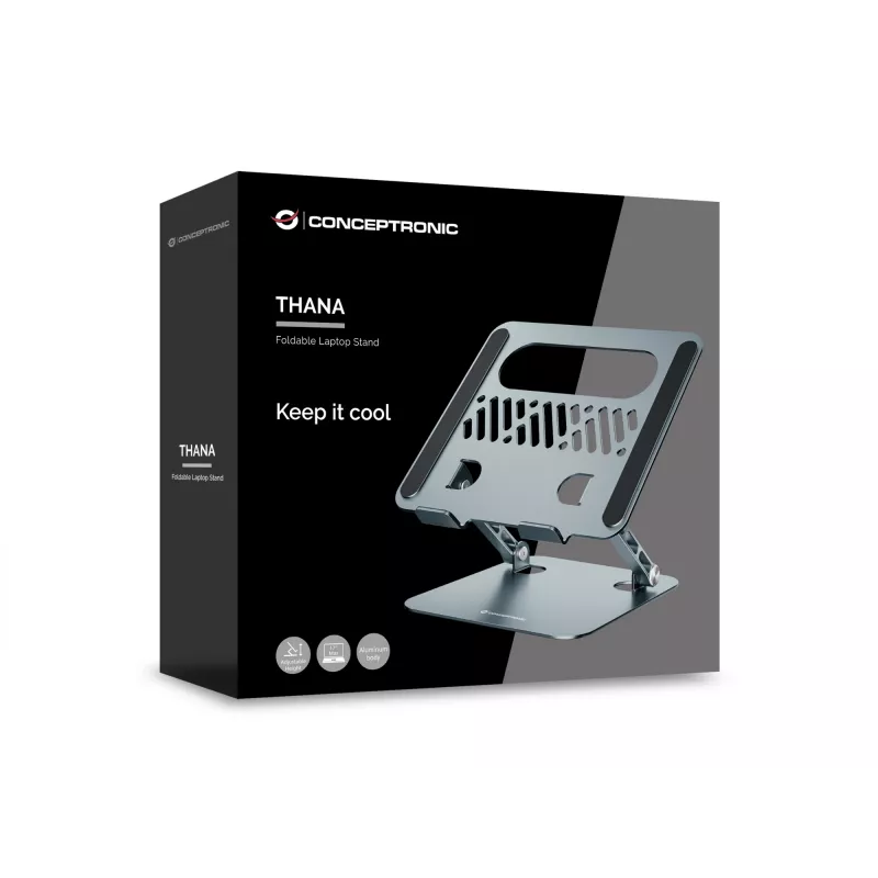 Soporte para portátil CONCEPTRONIC THANA10G — plegable de aluminio, altura ajustable, gris, 240×220×50 mm