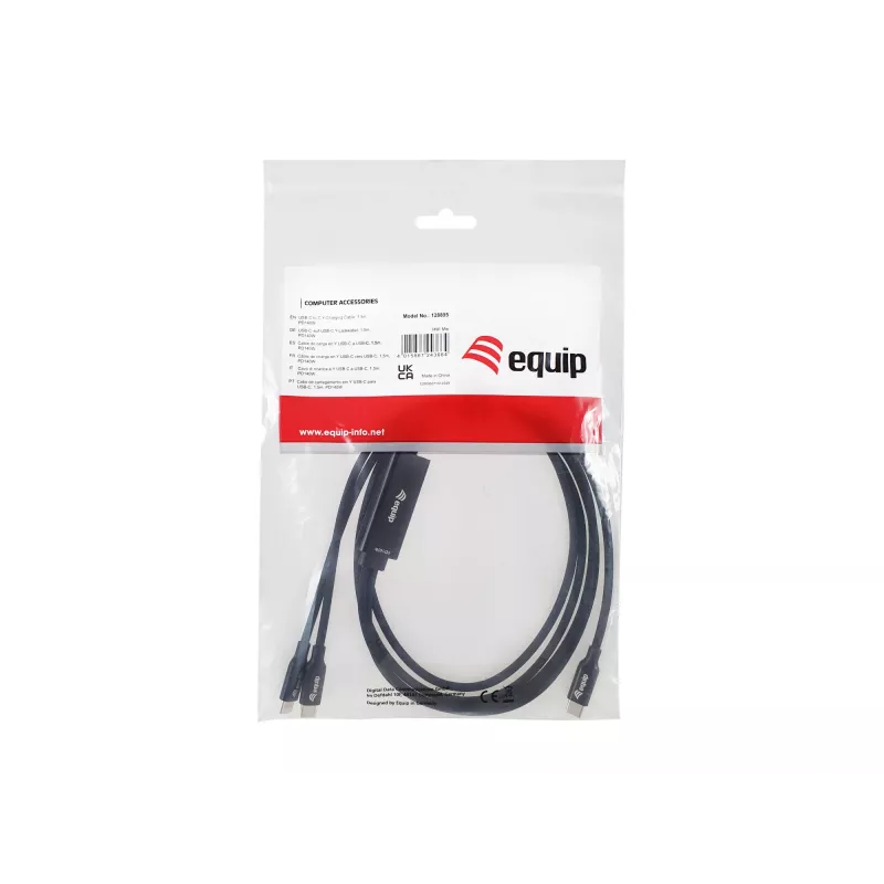 Cable de carga en Y USB-C a 2x USB-C EQUIP 1,5 m PD 140 W, USB 2.0, negro