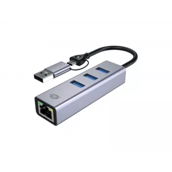 Adaptador de red USB-C a Gigabit con hub USB de 3 puertos CONCEPTRONIC ABBY25G — USB 3.2 Gen 1, Ethernet 1 Gbit/s, 3x USB-A, aluminio, gris