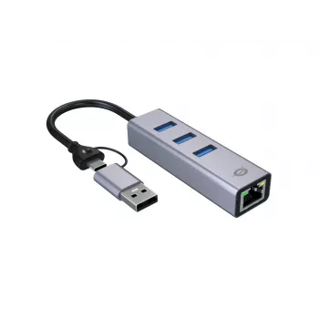 Adaptador de red USB-C a Gigabit con hub USB de 3 puertos CONCEPTRONIC ABBY25G — USB 3.2 Gen 1, Ethernet 1 Gbit/s, 3x USB-A, aluminio, gris