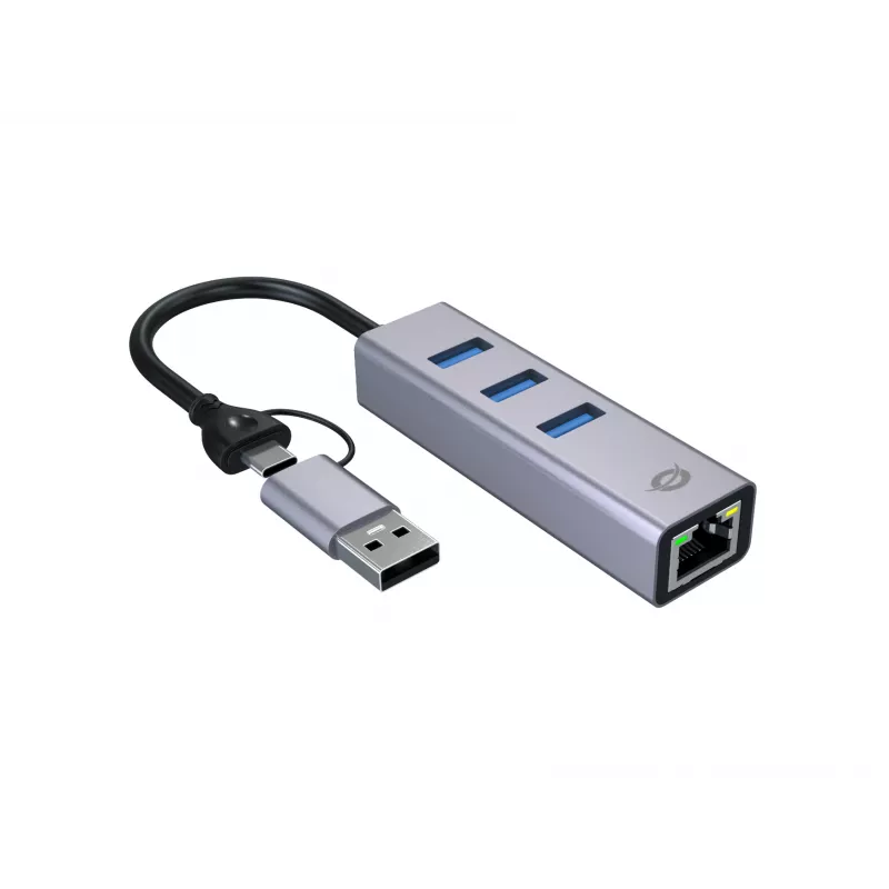 Adaptador de red USB-C a Gigabit con hub USB de 3 puertos CONCEPTRONIC ABBY25G — USB 3.2 Gen 1, Ethernet 1 Gbit/s, 3x USB-A, aluminio, gris
