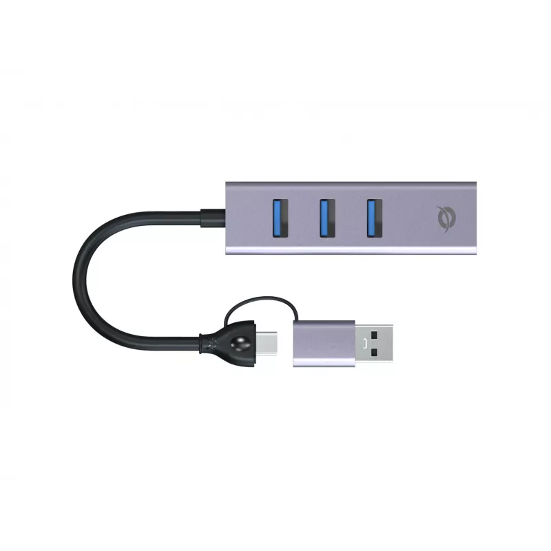 Adaptador de red USB-C a Gigabit con hub USB de 3 puertos CONCEPTRONIC ABBY25G — USB 3.2 Gen 1, Ethernet 1 Gbit/s, 3x USB-A, aluminio, gris