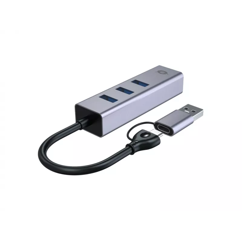 Adaptador de red USB-C a Gigabit con hub USB de 3 puertos CONCEPTRONIC ABBY25G — USB 3.2 Gen 1, Ethernet 1 Gbit/s, 3x USB-A, aluminio, gris