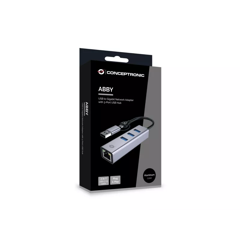 Adaptador de red USB-C a Gigabit con hub USB de 3 puertos CONCEPTRONIC ABBY25G — USB 3.2 Gen 1, Ethernet 1 Gbit/s, 3x USB-A, aluminio, gris