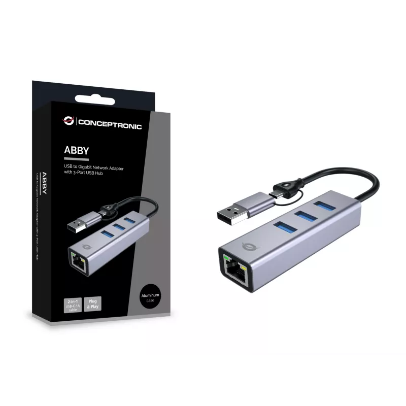 Adaptador de red USB-C a Gigabit con hub USB de 3 puertos CONCEPTRONIC ABBY25G — USB 3.2 Gen 1, Ethernet 1 Gbit/s, 3x USB-A, aluminio, gris