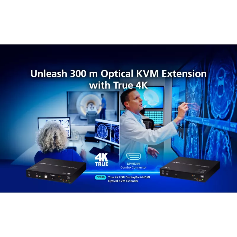 Extensor KVM ATEN True 4K DP/HDMI Optical KVM 300m – Emisor y receptor, DisplayPort/HDMI, USB, 300 m