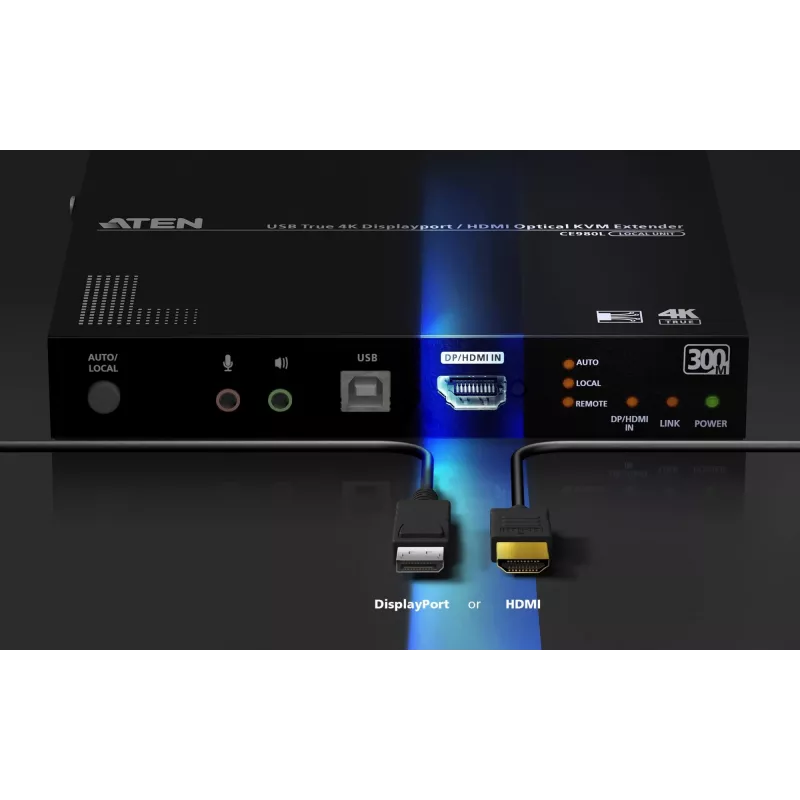Extensor KVM ATEN True 4K DP/HDMI Optical KVM 300m – Emisor y receptor, DisplayPort/HDMI, USB, 300 m