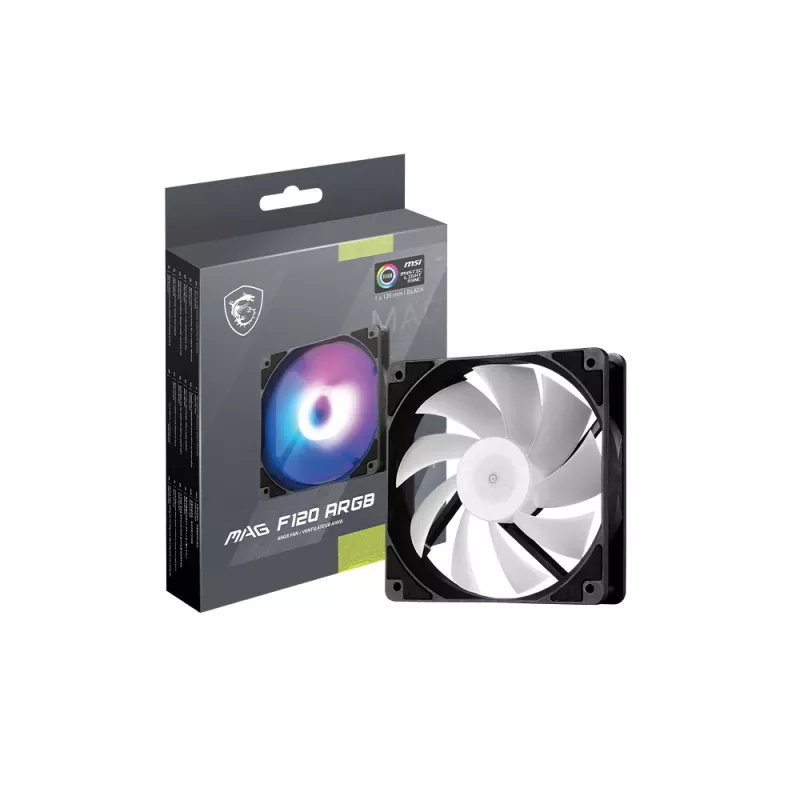 Ventilador de caja MSI MAG F120 ARGB — 120 mm, 1300 rpm, rodamiento hidráulico, negro