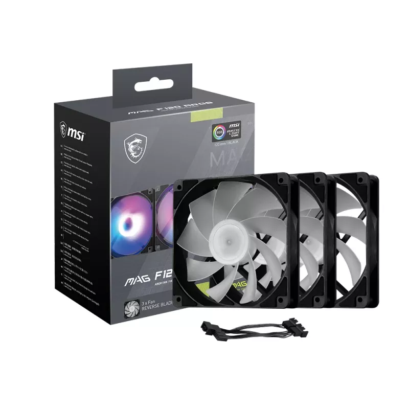 Ventilador de caja para PC MSI MAG F120 ARGB x3 — 120 mm, 1300 rpm, rodamiento hidráulico, negro
