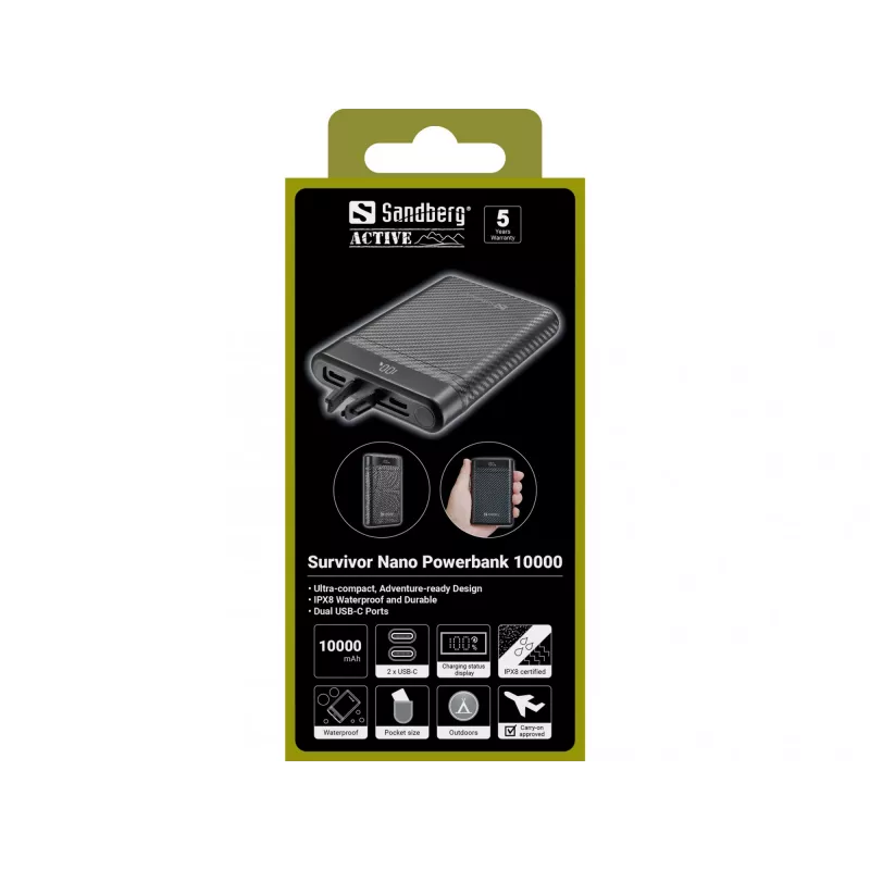 Sandberg Survivor Nano Powerbank 10000, 10000 mAh, Ion de litio (Li-Ion), 3,7 V, 20 W, Negro