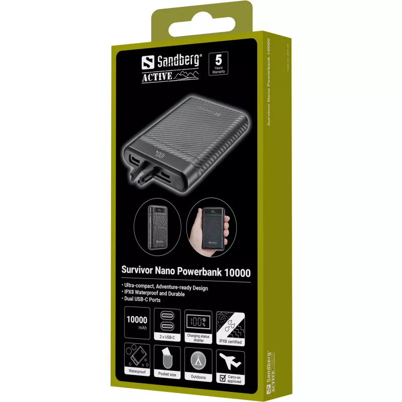 Sandberg Survivor Nano Powerbank 10000, 10000 mAh, Ion de litio (Li-Ion), 3,7 V, 20 W, Negro