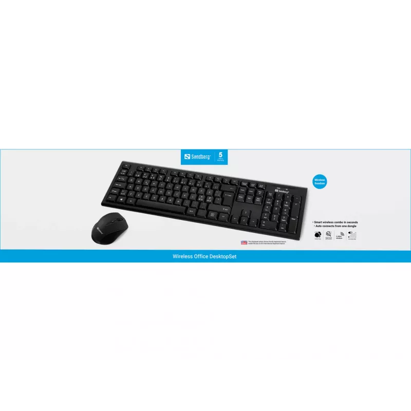 Sandberg Wireless Office DesktopSet INT, Inalámbrico, RF Inalámbrico, Membrana, QWERTY, Negro, Ratón incluido