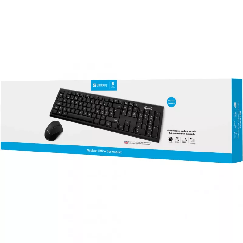Sandberg Wireless Office DesktopSet INT, Inalámbrico, RF Inalámbrico, Membrana, QWERTY, Negro, Ratón incluido
