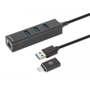 Manhattan dock/hub combo USB-C y USB-A, conexiones (4): Ethernet y USB-A (x3), 5 Gbit/s (USB 3.2 Gen 1, también conocido como USB 3.0), alimentado por USB (no requiere fuente de alimentación externa)