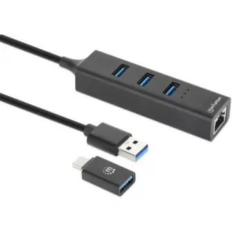 Manhattan dock/hub combo USB-C y USB-A, conexiones (4): Ethernet y USB-A (x3), 5 Gbit/s (USB 3.2 Gen 1, también conocido como USB 3.0), alimentado por USB (no requiere fuente de alimentación externa)