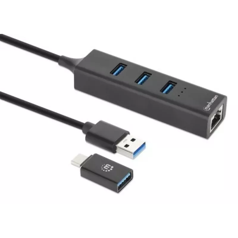 Manhattan dock/hub combo USB-C y USB-A, conexiones (4): Ethernet y USB-A (x3), 5 Gbit/s (USB 3.2 Gen 1, también conocido como USB 3.0), alimentado por USB (no requiere fuente de alimentación externa)