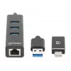 Manhattan dock/hub combo USB-C y USB-A, conexiones (4): Ethernet y USB-A (x3), 5 Gbit/s (USB 3.2 Gen 1, también conocido como USB 3.0), alimentado por USB (no requiere fuente de alimentación externa)