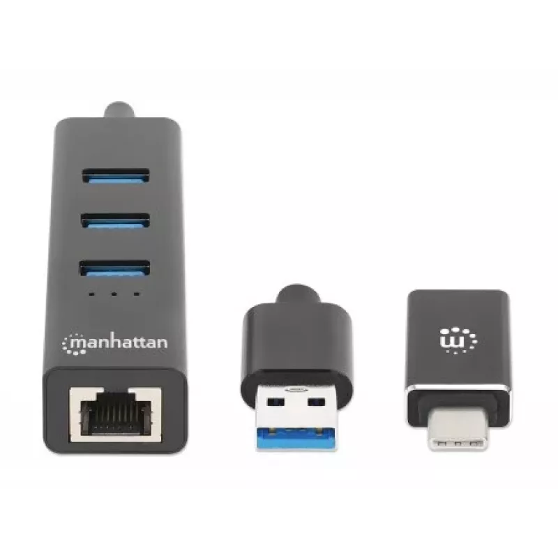 Manhattan dock/hub combo USB-C y USB-A, conexiones (4): Ethernet y USB-A (x3), 5 Gbit/s (USB 3.2 Gen 1, también conocido como USB 3.0), alimentado por USB (no requiere fuente de alimentación externa)