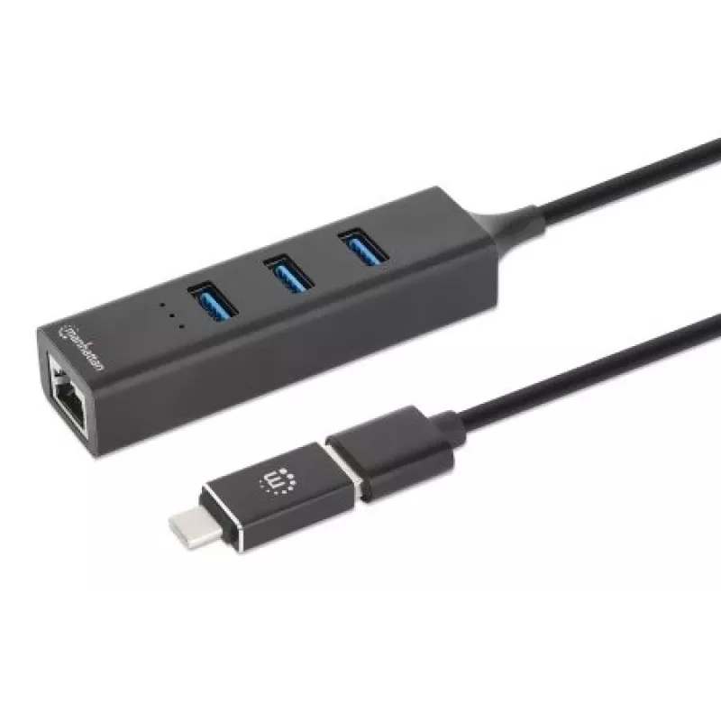 Manhattan dock/hub combo USB-C y USB-A, conexiones (4): Ethernet y USB-A (x3), 5 Gbit/s (USB 3.2 Gen 1, también conocido como USB 3.0), alimentado por USB (no requiere fuente de alimentación externa)
