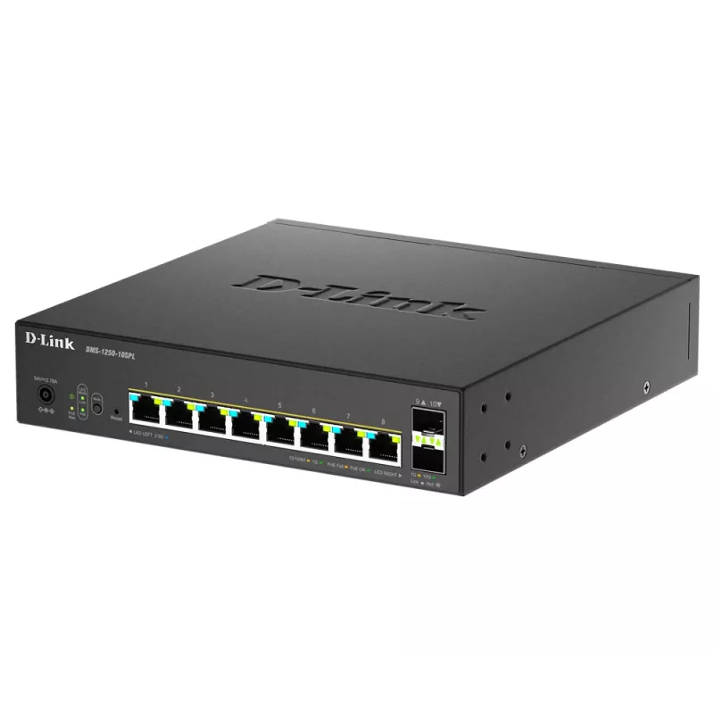 D-Link switch PoE+ Smart Managed Multi-Gigabit de 10 puertos con 8 puertos Multi-Gigabit 2.5G PoE y 2 puertos 10G SFP+