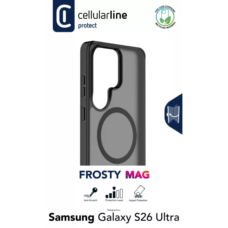 Cellularline FROSTY MAG - Galaxy S26 Ultra funda semitransparente con acabado mate y bordes de color, compatible con el ecosistema Qi2 y accesorios magnéticos para Samsung.