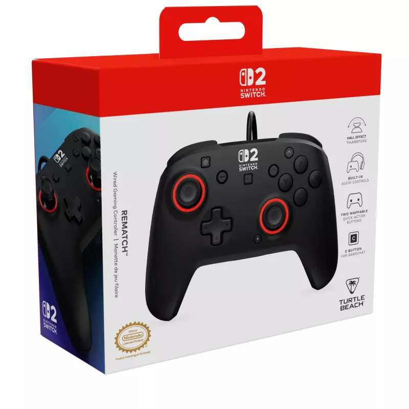 Mando de gaming con cable Turtle Beach Rematch para Nintendo Switch 2 – USB-C, cable de 3 m, botón trasero, D-Pad, Negro