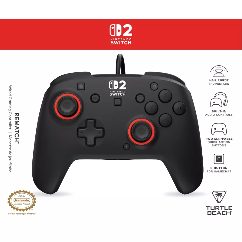 Mando de gaming con cable Turtle Beach Rematch para Nintendo Switch 2 – USB-C, cable de 3 m, botón trasero, D-Pad, Negro
