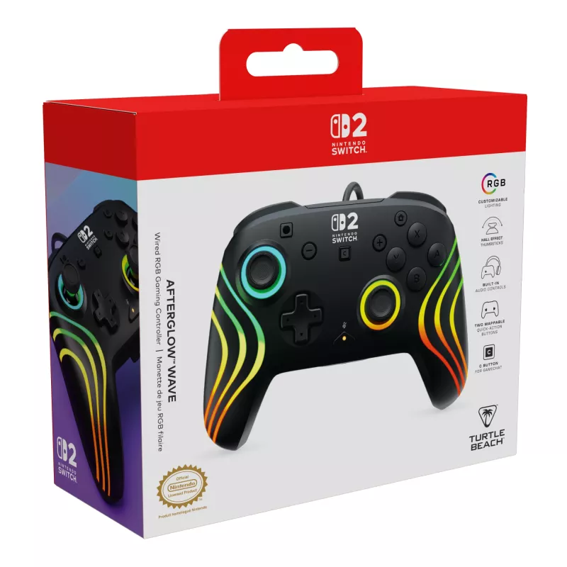 Mando Turtle Beach Afterglow Wave Negro Mando RGB con cable para Nintendo Switch / Switch 2, USB-C, cable de 3 m