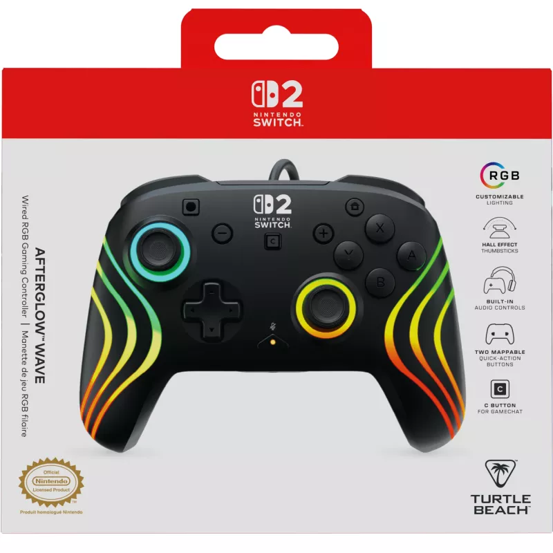 Mando Turtle Beach Afterglow Wave Negro Mando RGB con cable para Nintendo Switch / Switch 2, USB-C, cable de 3 m