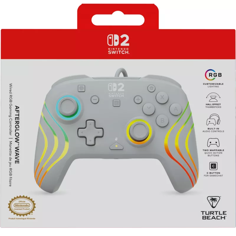 Mando de gaming RGB con cable Turtle Beach Afterglow Wave Gris – USB-C, cable de 3 m, para Nintendo Switch / Switch 2 / Switch OLED