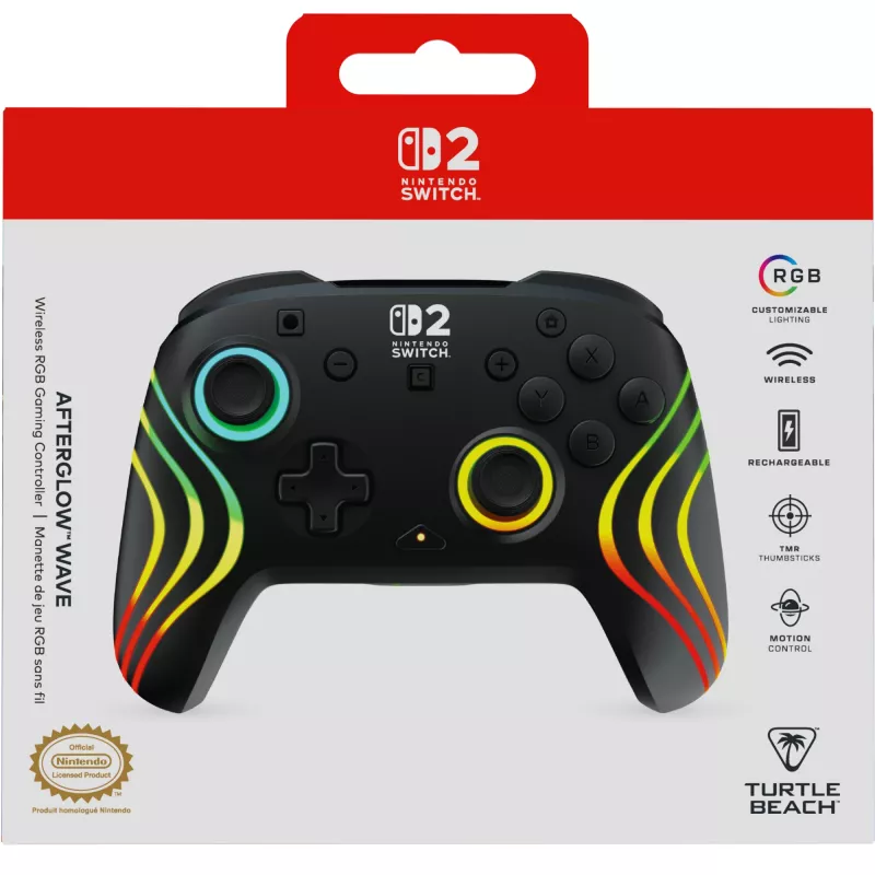 Mando de gaming RGB inalámbrico Turtle Beach Afterglow Wave Negro para Nintendo Switch 2 — Bluetooth/USB-C, batería integrada 20 h, cable de 3 m