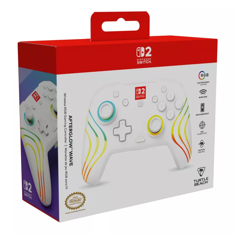 Mando de gaming RGB inalámbrico Turtle Beach Afterglow Wave Blanco para Nintendo Switch 2, Bluetooth/USB-C, batería integrada 20 h, cable de 3 m