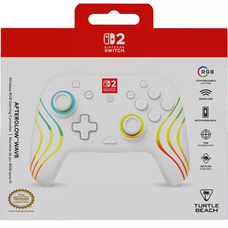 Mando de gaming RGB inalámbrico Turtle Beach Afterglow Wave Blanco para Nintendo Switch 2, Bluetooth/USB-C, batería integrada 20 h, cable de 3 m