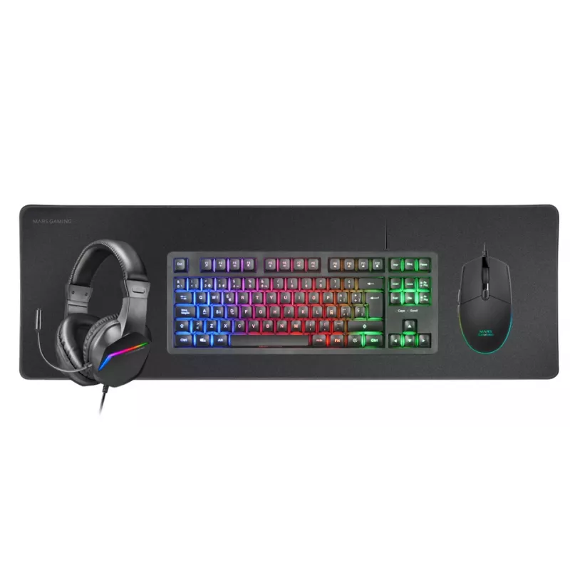 Mars Gaming Combo gaming 4 en 1 MCP-RGB3, con cable, USB, membrana, LED RGB, Negro, ratón incluido