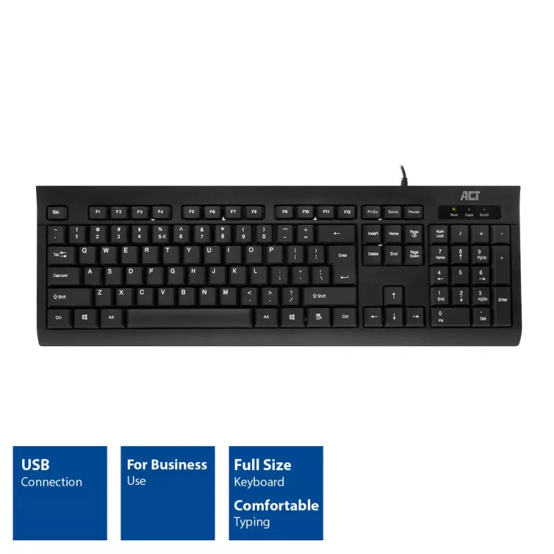 ACT Teclado business USB (Qwerty/US-Layout), Full-Size (100 %), con cable, USB, membrana, QWERTY, negro