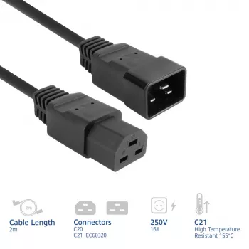 Cable de alimentación ACT C20–C21 IEC60320 negro 2 m, 250 V 16 A