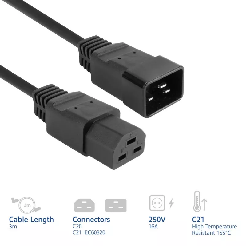 Cable de alimentación ACT C20–C21 IEC60320 negro 3 m, 16 A, 250 V