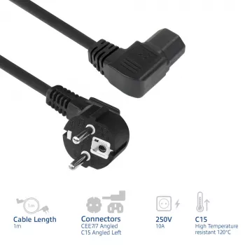 ACT Cable de alimentación conector de red CEE7/7 macho (acodado) – C15 (acodado a la izquierda) IEC60320 negro 1 m