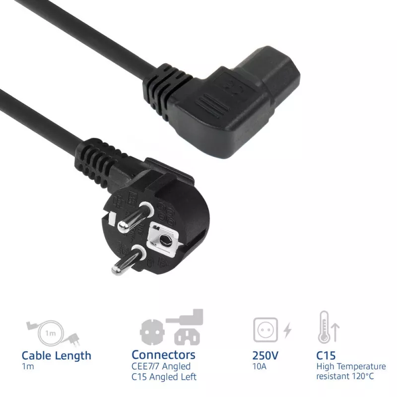ACT Cable de alimentación conector de red CEE7/7 macho (acodado) – C15 (acodado a la izquierda) IEC60320 negro 1 m