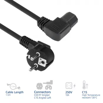 ACT Cable de alimentación conector de red CEE7/7 macho (acodado) - C15 (acodado a la izquierda) IEC60320 negro 1,5 m
